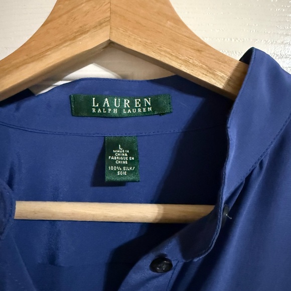Lauren Ralph Lauren 100% Silk Blouse Blue Long Sleeve Size L Luxury Office Work - Picture 6 of 9